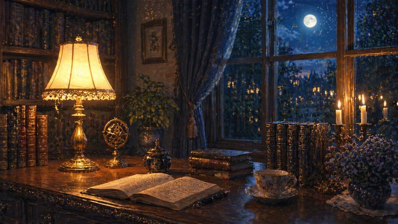 静かな夜の書斎の灯り