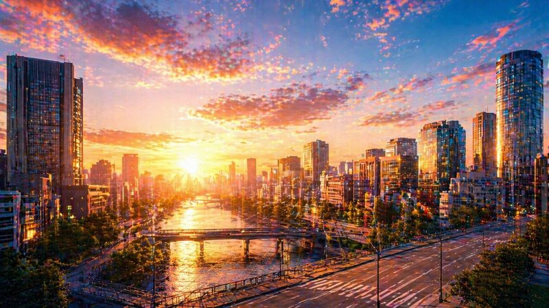 朝焼けの都会の街並み