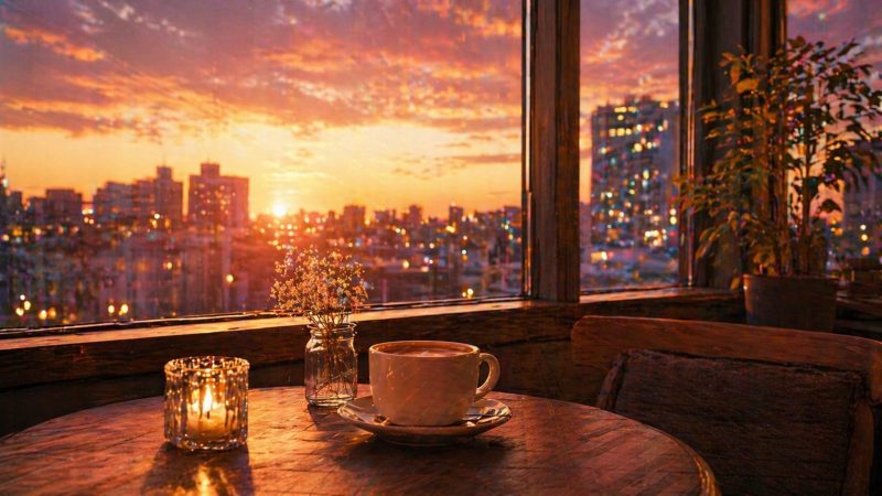 夕暮れのカフェ窓辺