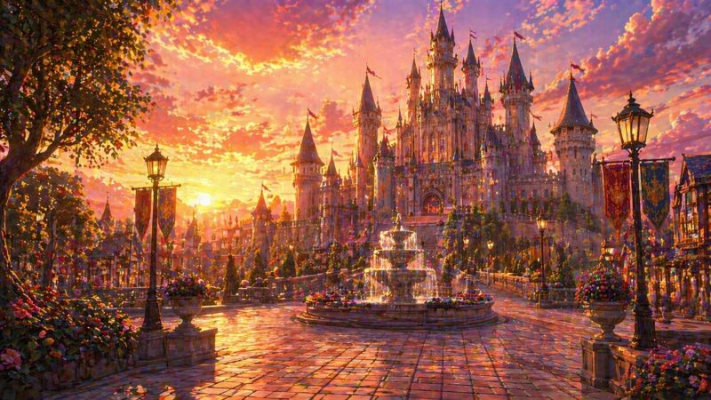 夕焼けの城と広場