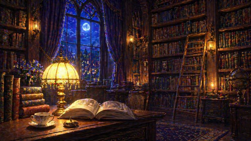 夜の図書室と灯り