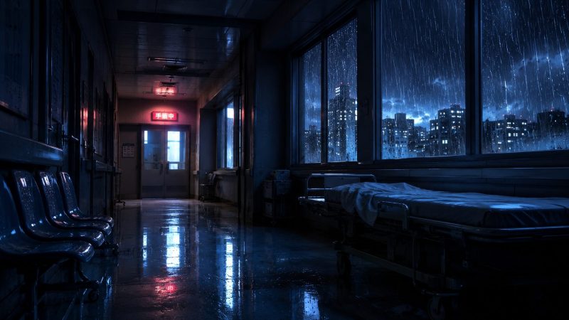 雨夜の病院通路