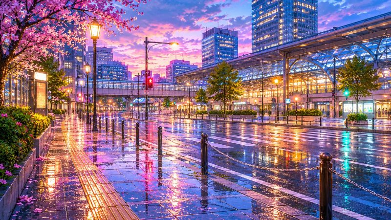 雨上がりの駅前通り