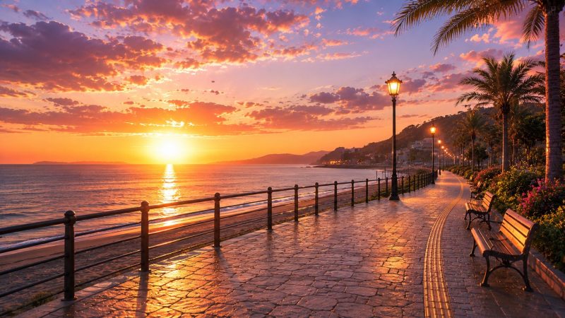 夕暮れの海辺遊歩道